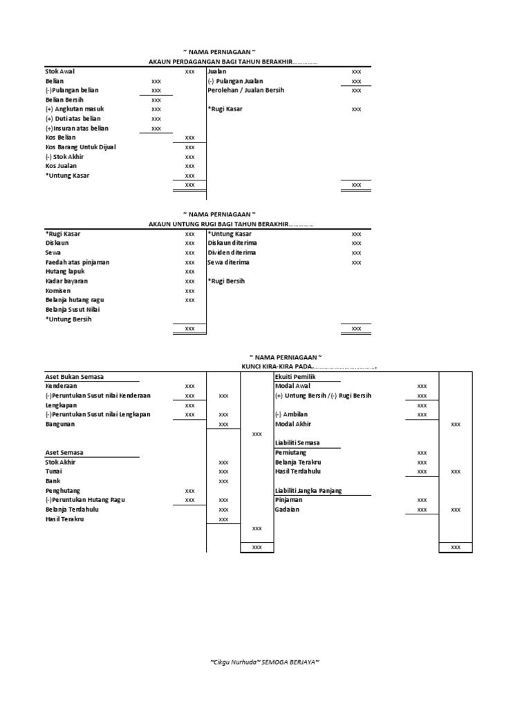 Format Akaun Perdangangan, Untung Rugi & Kunci Kira-kira