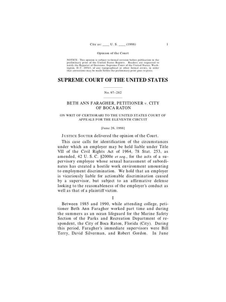 Faragher v. Boca Raton: Title VII Case | PDF | Vicarious Liability ...