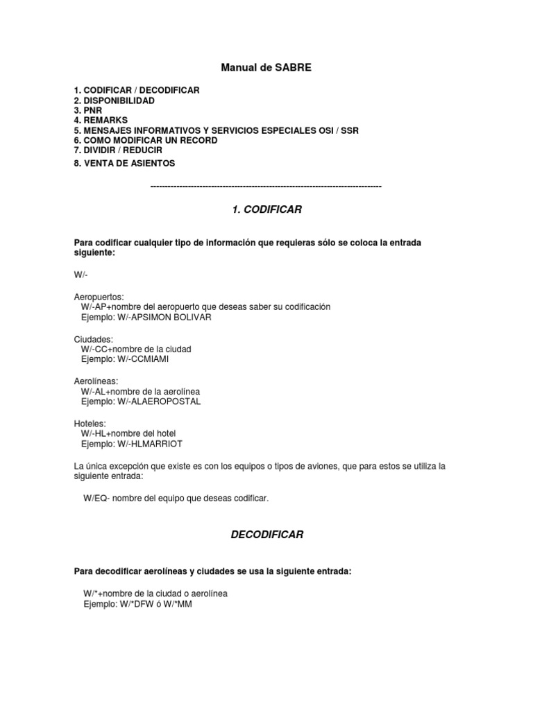 Manual de Comandos SABRE para PNR | PDF | Aeronáutica | Industrias