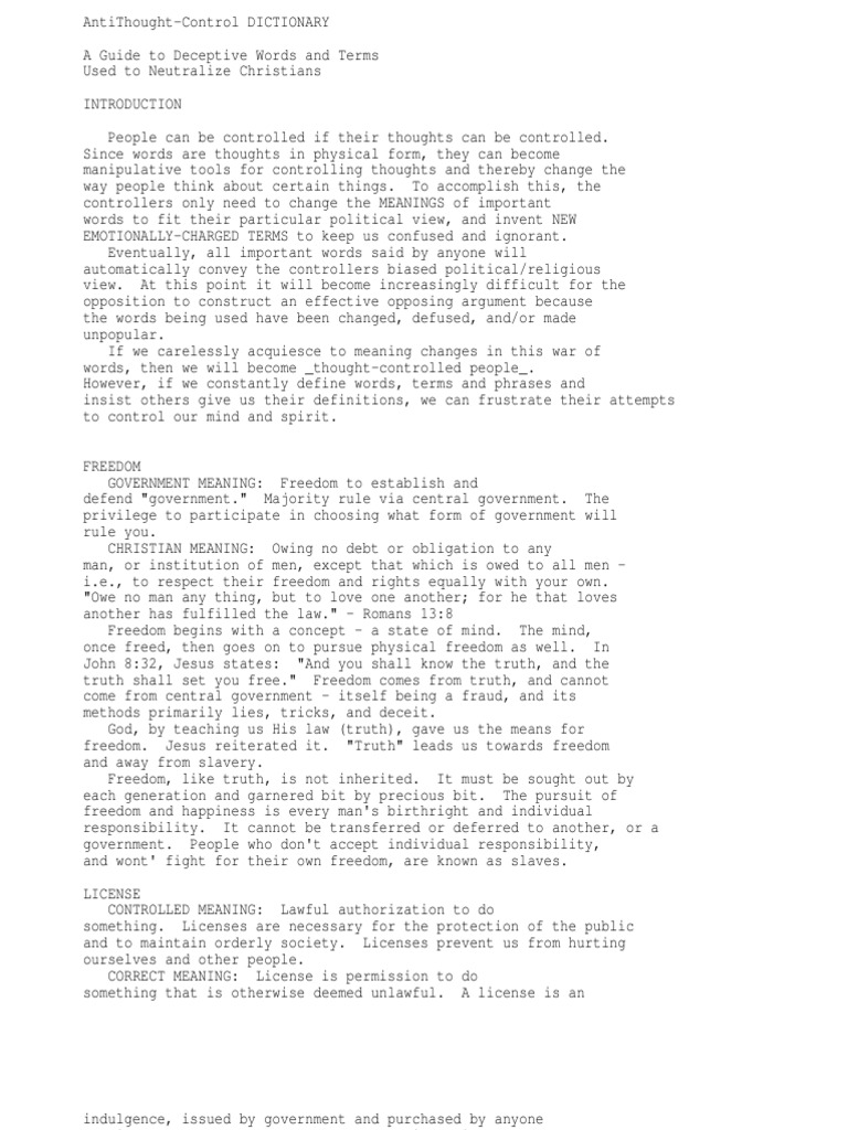 AntiThoughtControl Dictionary Guide To Deceptive Words and Terms