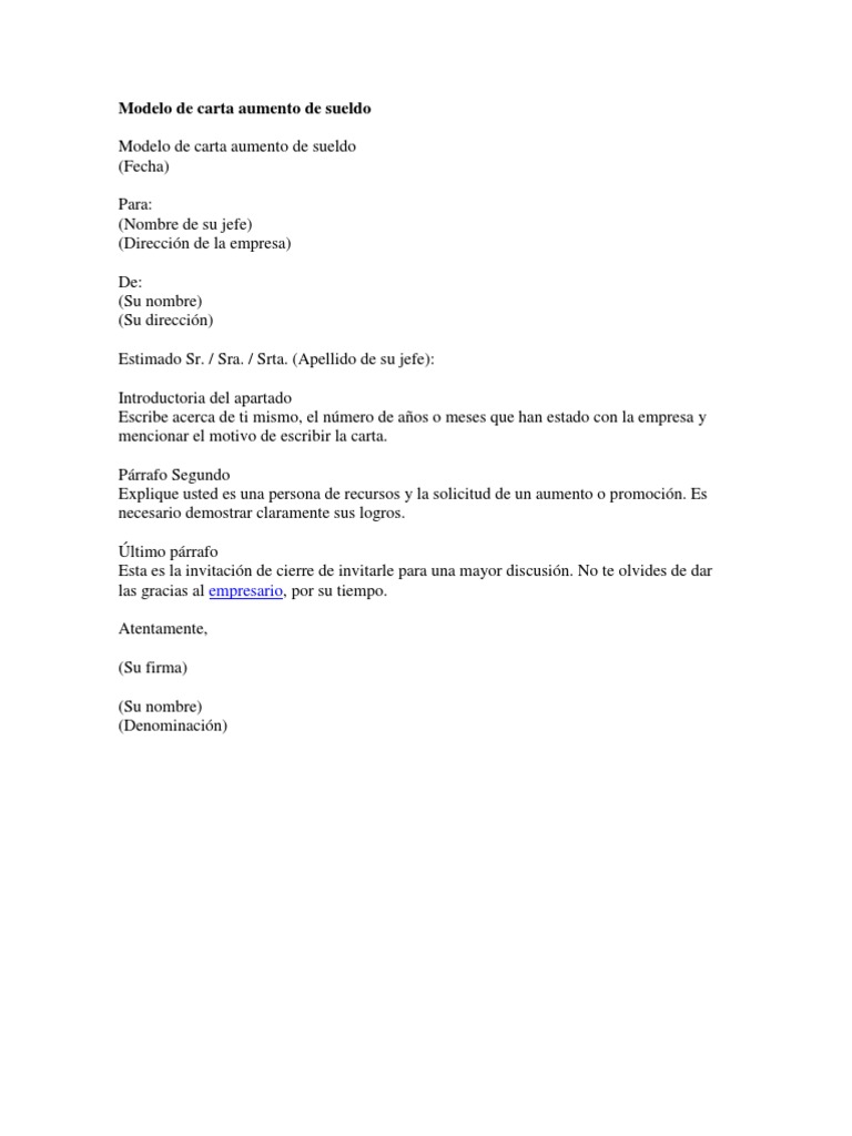 Modelo de Carta Aumento de Sueldo Salario