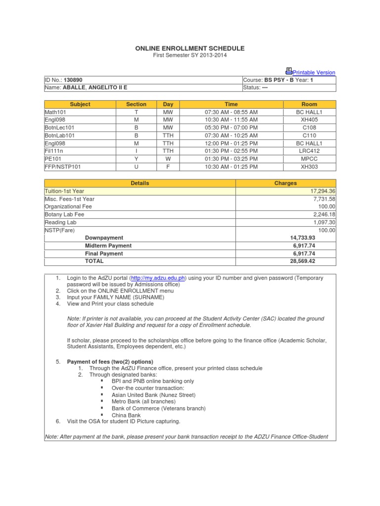 Online Enrollment Schedule: Subject Section Day Time Room | PDF ...