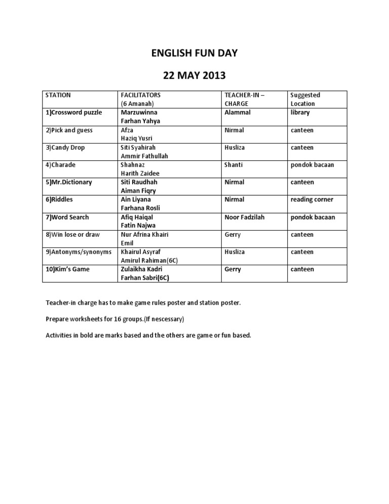 English Fun Day Activities Overview | PDF