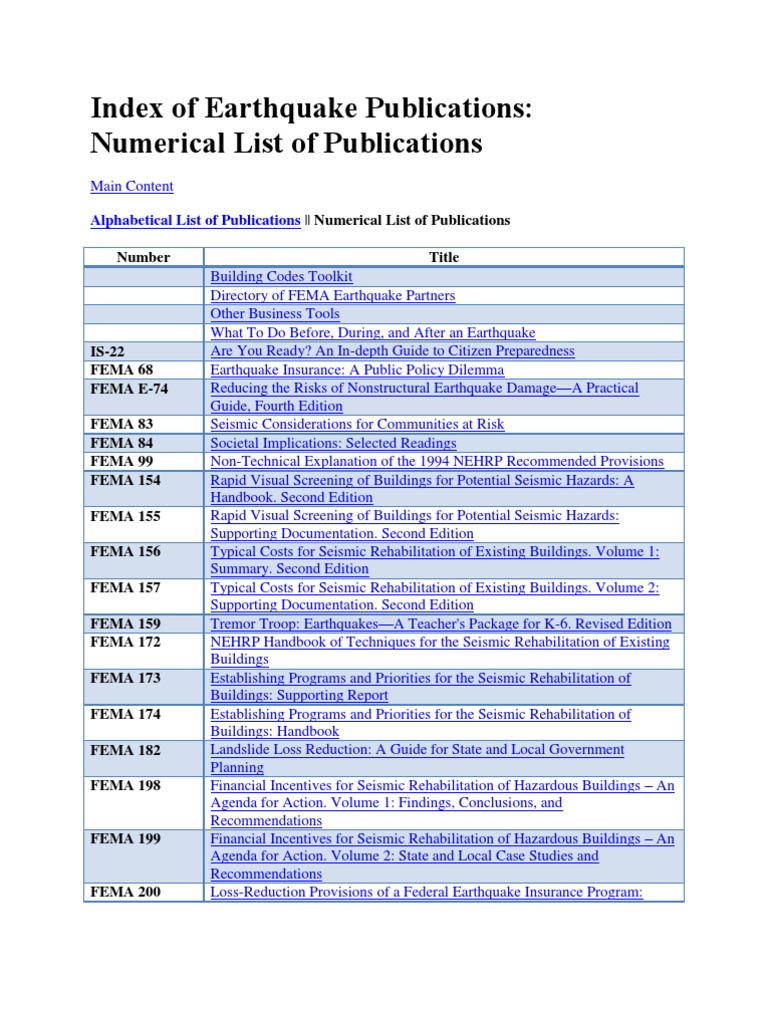 List FEMA Federal Emergency Management Agency Earthquake Engineering