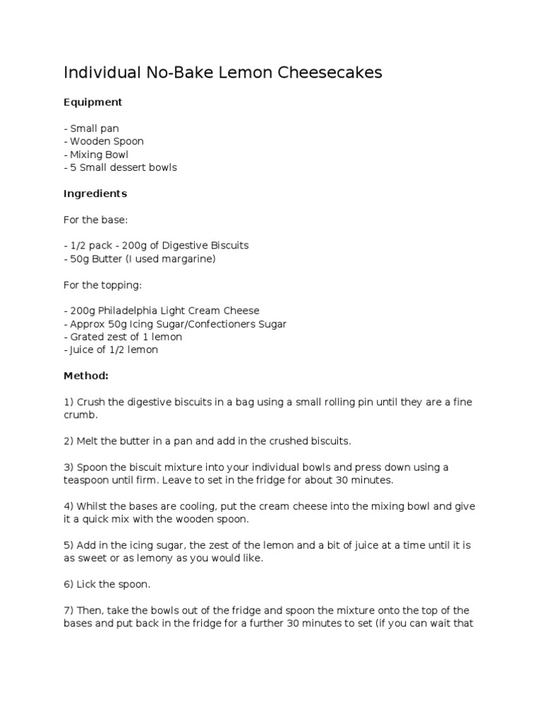 Individual NoBake Lemon Cheesecakes Equipment PDF Butter Cheesecake