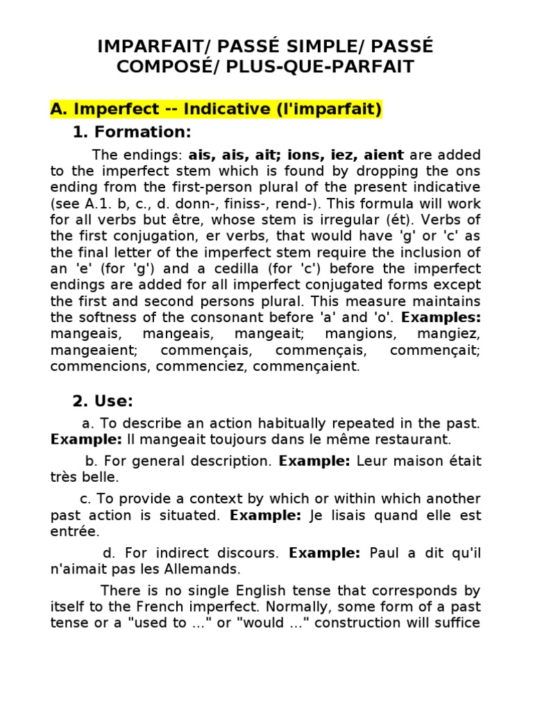 Imparfait Passe Simple Passe Compose Plus Que Parfait  PDF  Verb