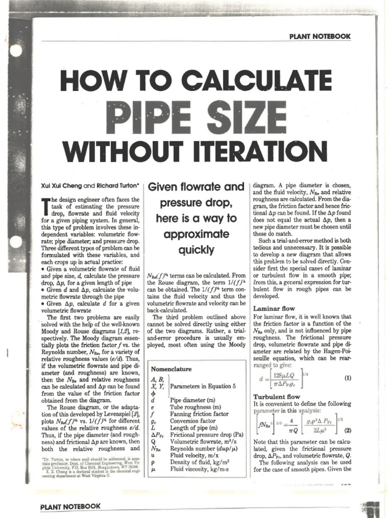 How To Calculate Pipe Size Without Iteration PDF PDF