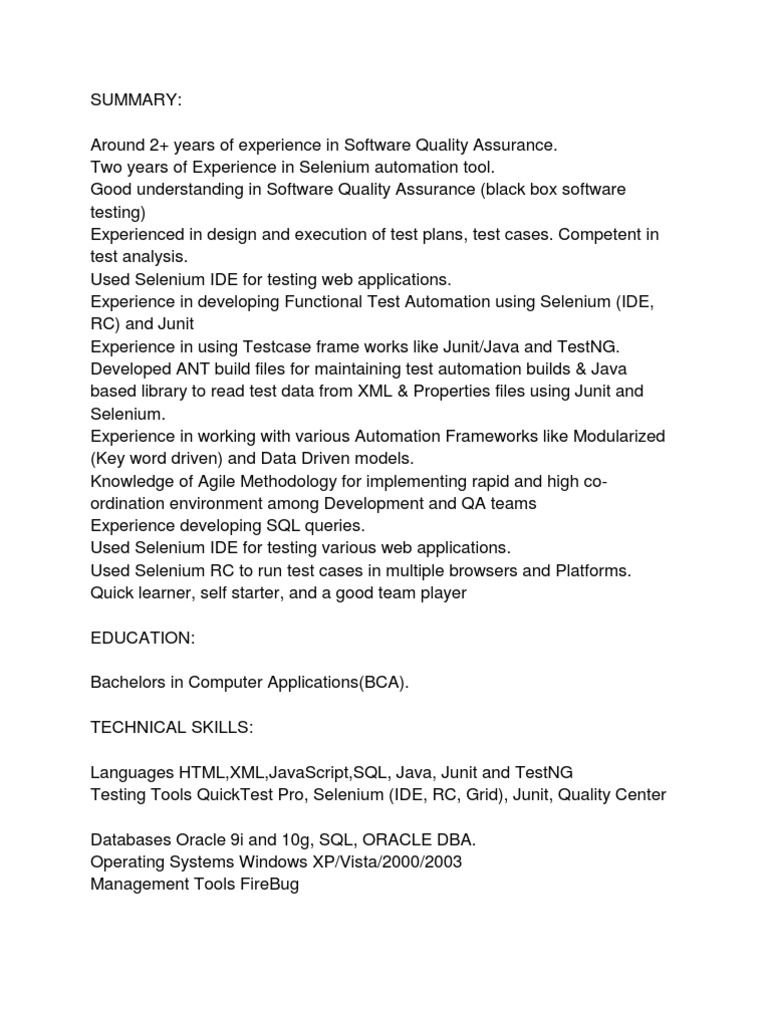 Selenium Resume Sample-1 | Selenium (Software) | Web Browser