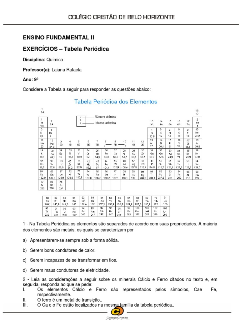 Exercícios sobre Tabela Periódica 9º Ano | PDF | Ciências Sociais ...