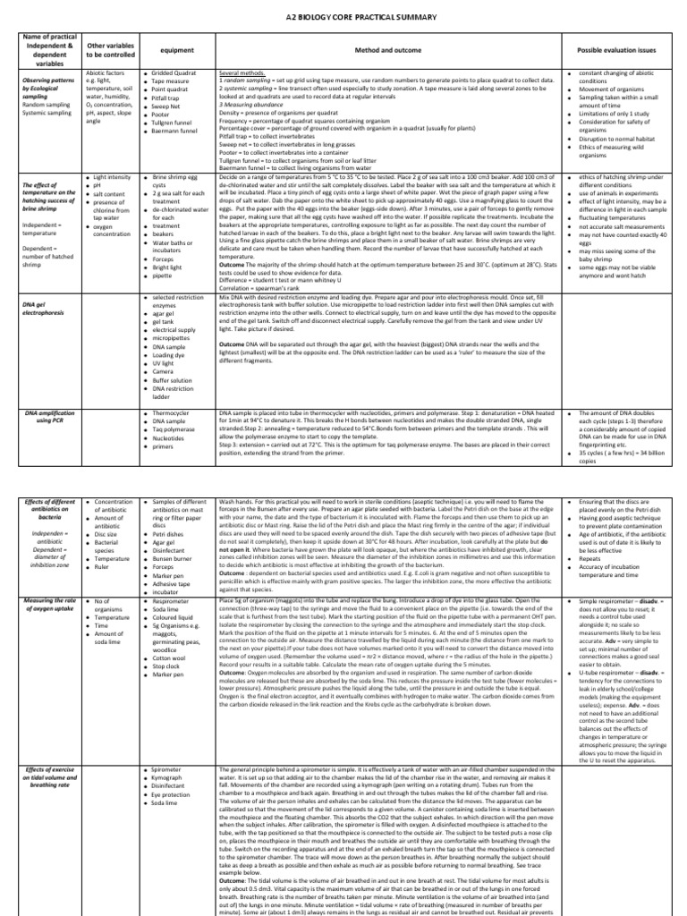 A2 Biology Core Practical Summary | PDF | Chemical Synapse | Breathing