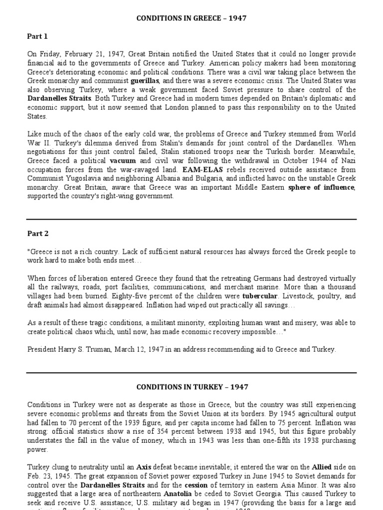 conditions in greece turkey 1947 Turkey Greece