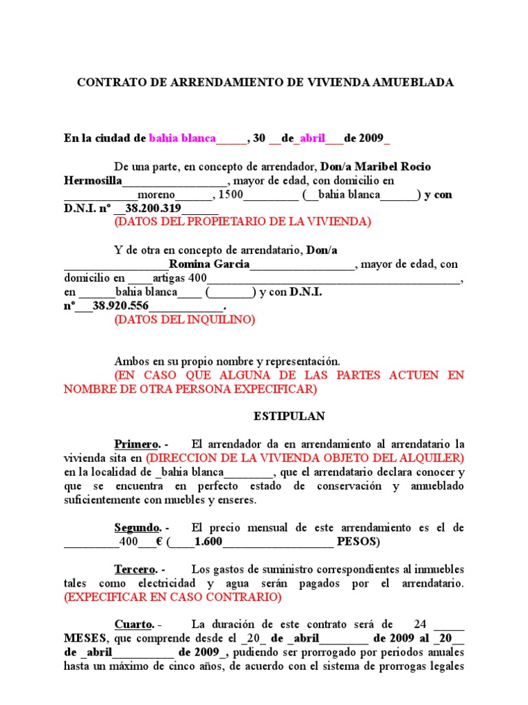Contrato de Alquiler de Vivienda Habitual en Formato Word | PDF | Desalojo  | Alquiler