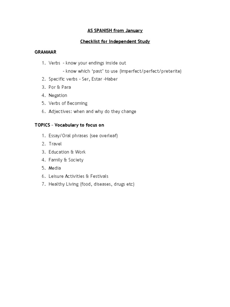 Spanish Grammar Study Checklist | PDF