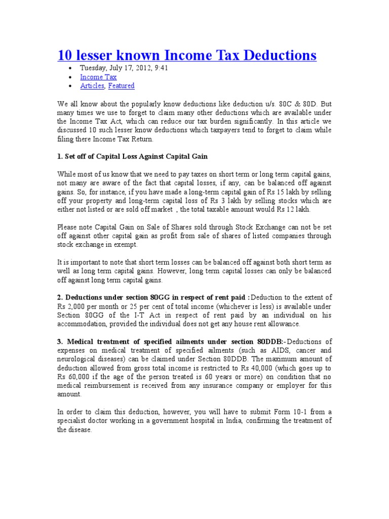 Lesser-Known Tax Deductions Explained | PDF | Tax Deduction | Capital ...