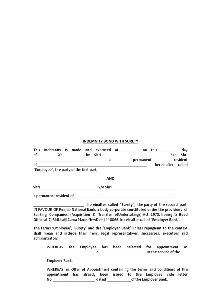 Indemnity Bond With Surety Indemnity Liquidated Damages