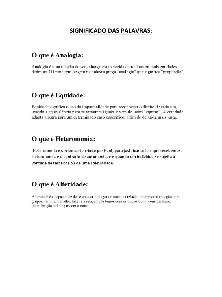 SIGNIFICADO DAS PALAVRAS - Analogia, Equidade, Heteronomia e Alteridade ...