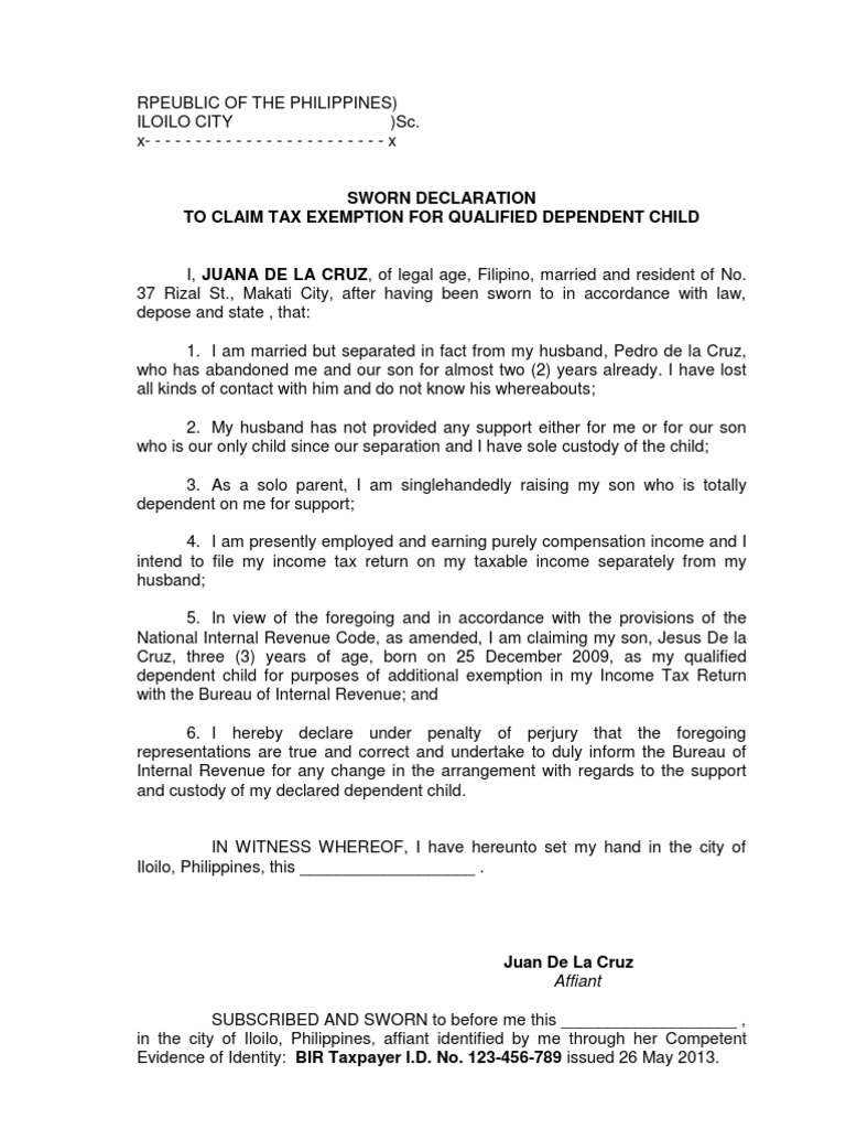 Affidavit to Claim Tax Exemption for Dependent Child - BIR 