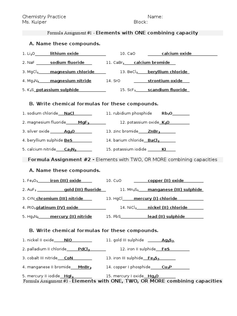 Chemistry Formula Practice | PDF | Oxide | Chloride