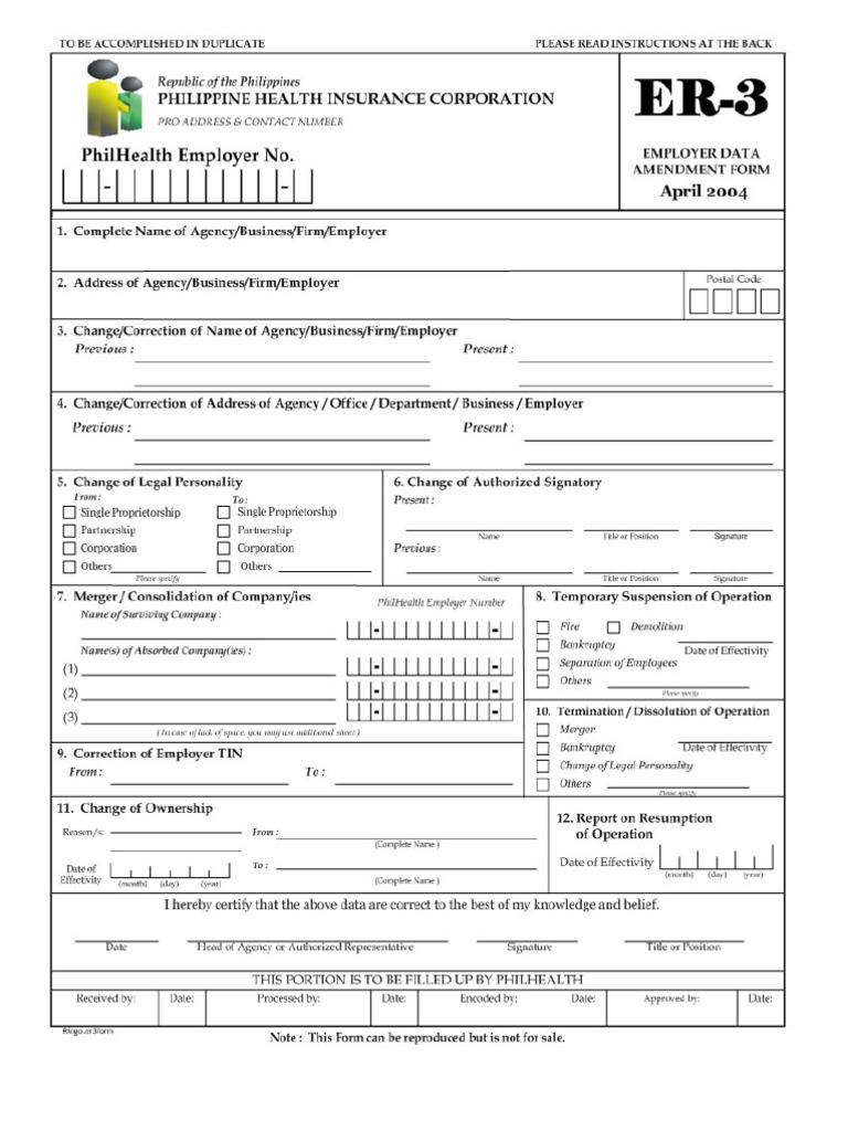 PhilHealth ER-3 Employer Data Amendment | PDF | Sole Proprietorship | U ...