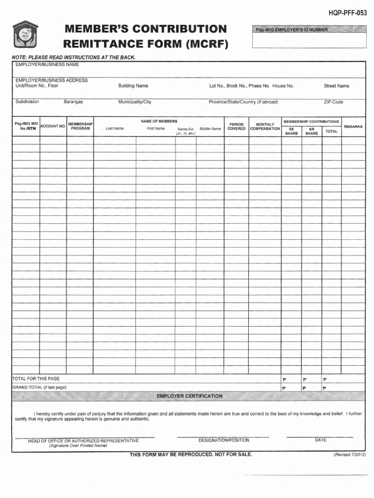 Pag-Ibig PFF053 - MembersContributionRemittanceForm - V02 | PDF ...