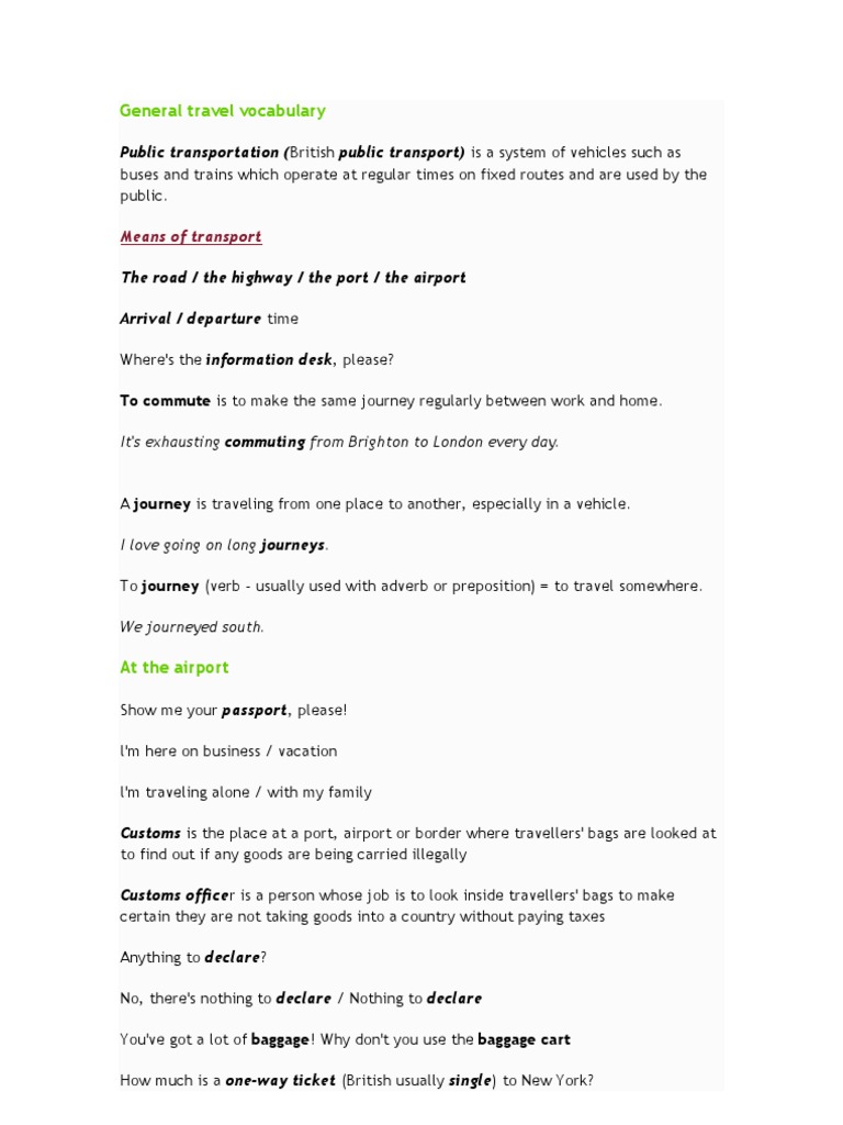 Essential Travel Vocabulary Guide | PDF | Airport | Baggage