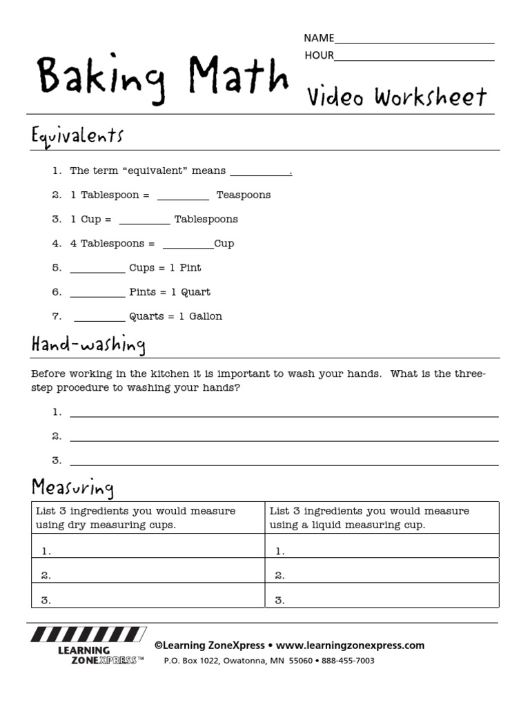 3319 Baking Math Worksheet Teaspoon Tablespoon