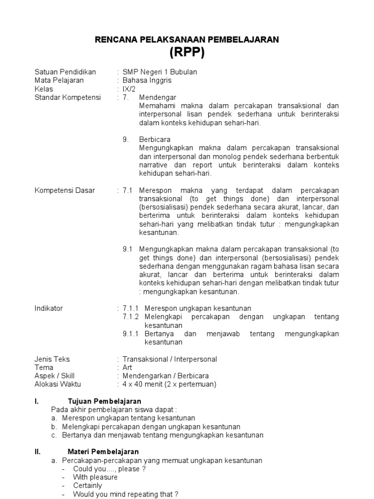 Rpp Bahasa Inggris Ktsp Smp Kls Ix
