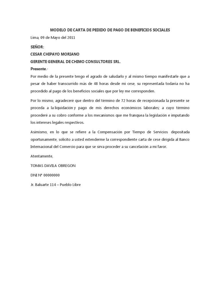 Modelo De Carta De Pedido De Pago De Beneficios Sociales