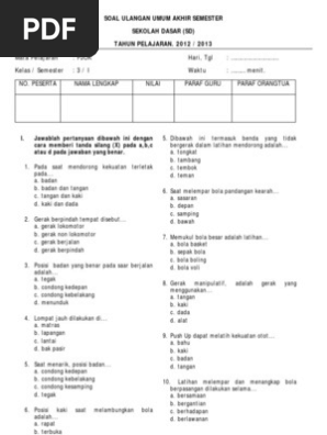              Kisi Kisi Dan Soal Pts Pas Kelas  Soal Uas Pjok Kelas 1 Semester 1 2019