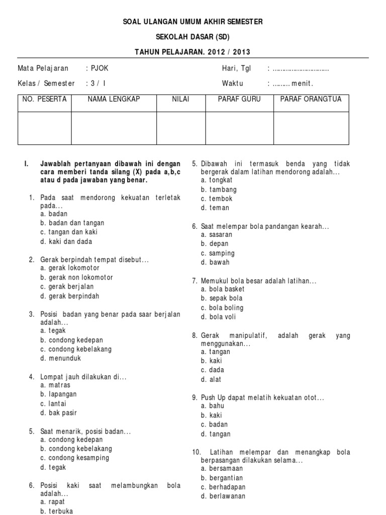 contoh soal pjok kelas 1 semester 2 Penjas jawabannya penjaskes lari