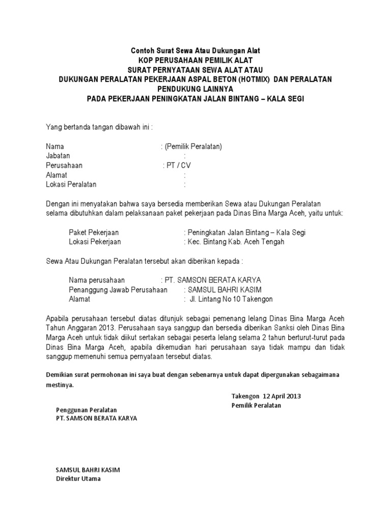 Contoh Surat Sewa Atau Dukungan Alat