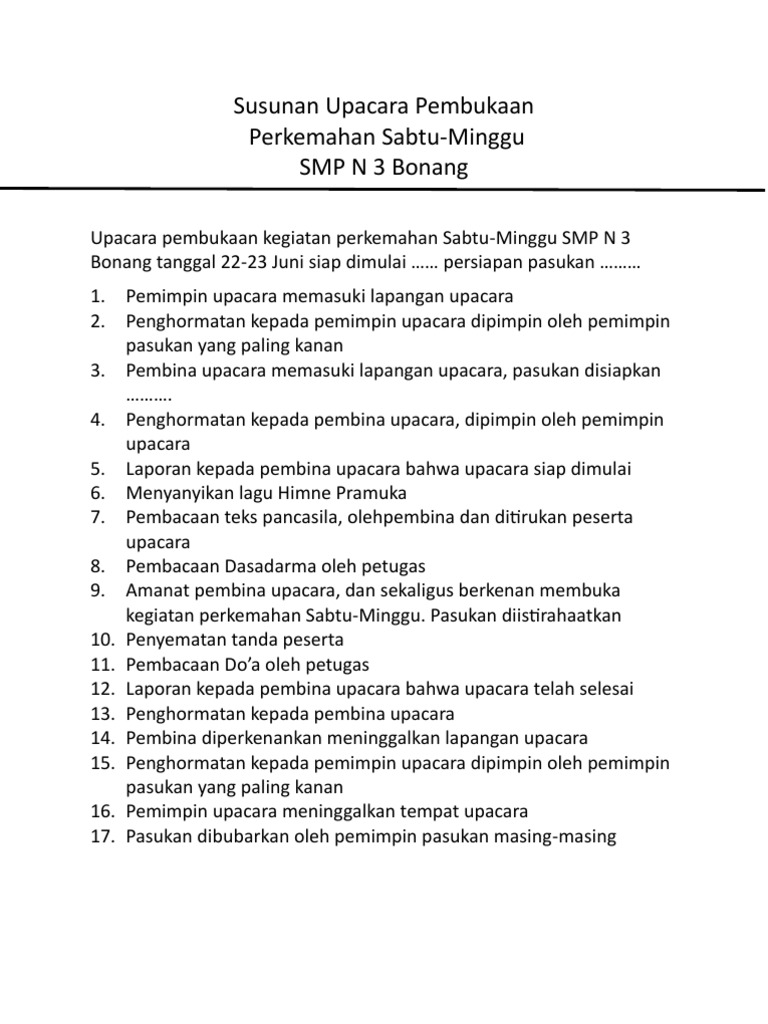 Susunan Upacara Pembukaan Perkemahan SabtuMinggu SMP N 3