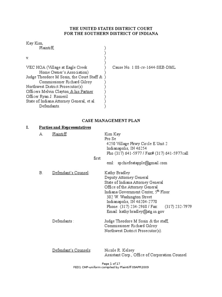 FEDERAL CASE MANAGEMENT PLAN Discovery (Law) Deposition (Law)
