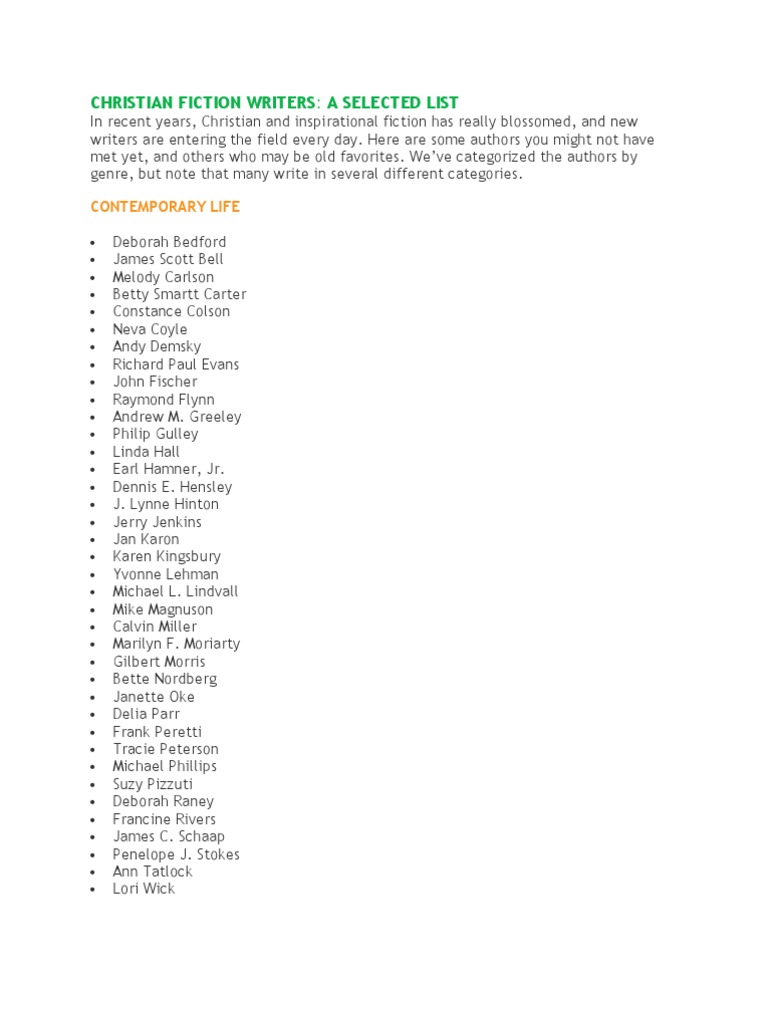 Christian Fiction Writers A Selected List Contemporary Life