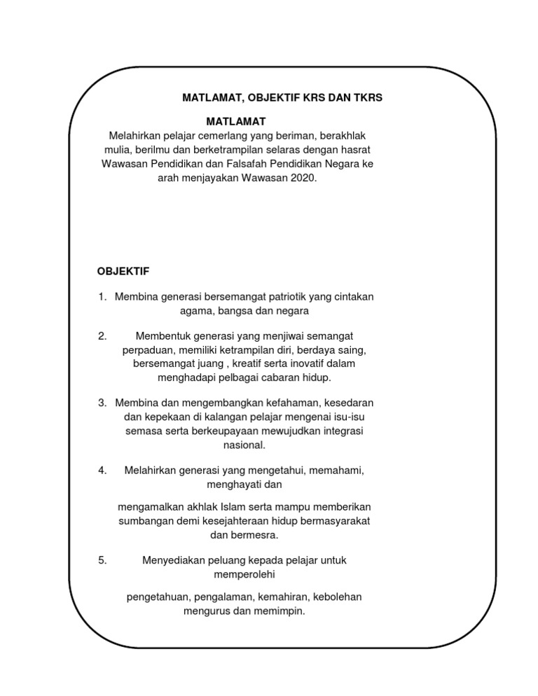 Matlamat, Objektif Krs Dan Tkrs  PDF