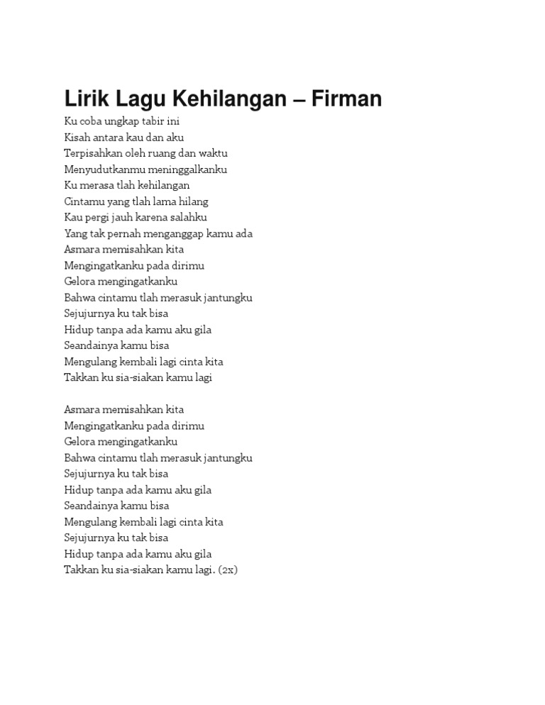 Lirik Lagu Kehilangan Firman