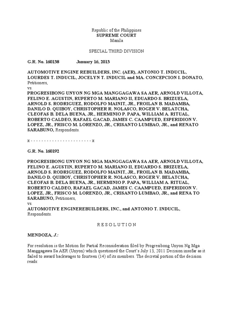 Automotive Engine Rebuilders, Inc., Et Al. vs. Progresibong Unyon NG