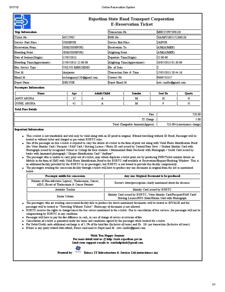 Rajasthan E-Reservation Ticket Details | PDF | Identity Document | Document