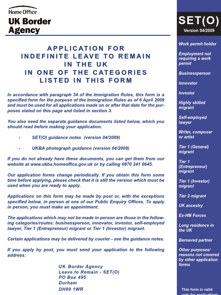 SET (O) : Applicationfor Indefiniteleavetoremain Intheuk ...