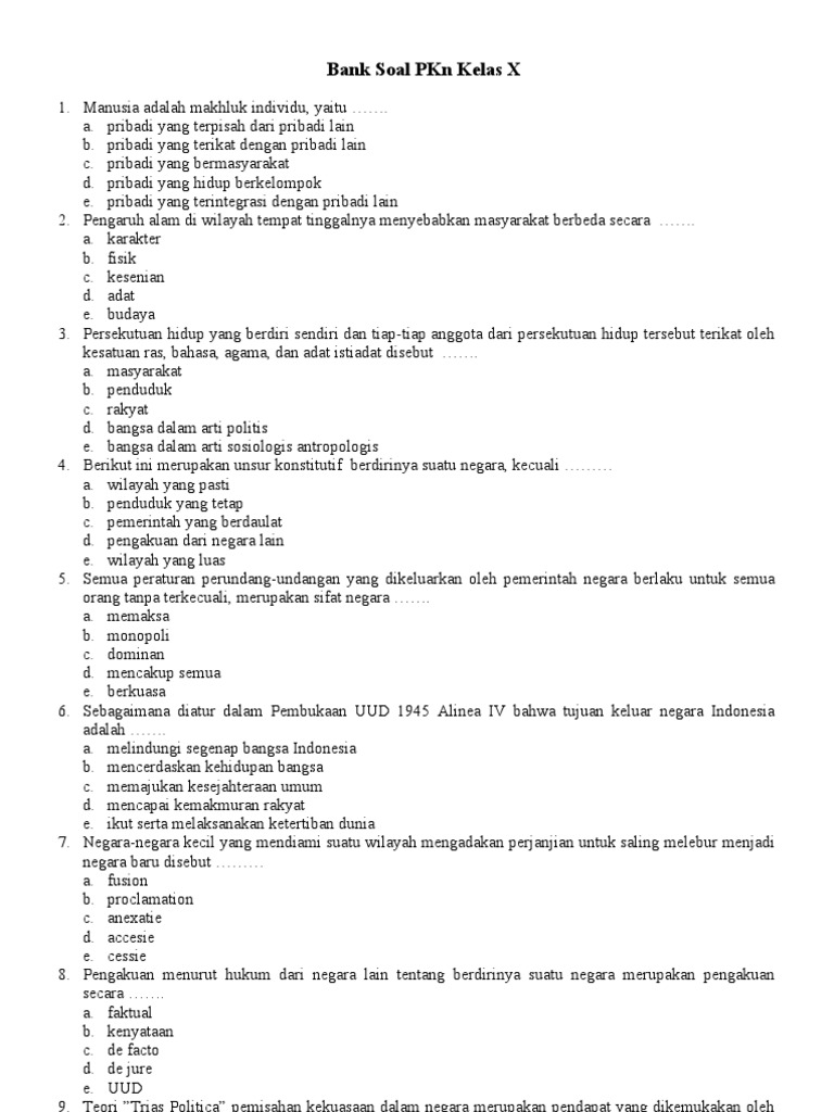 Bank Soal Pkn Kelas X Pdf