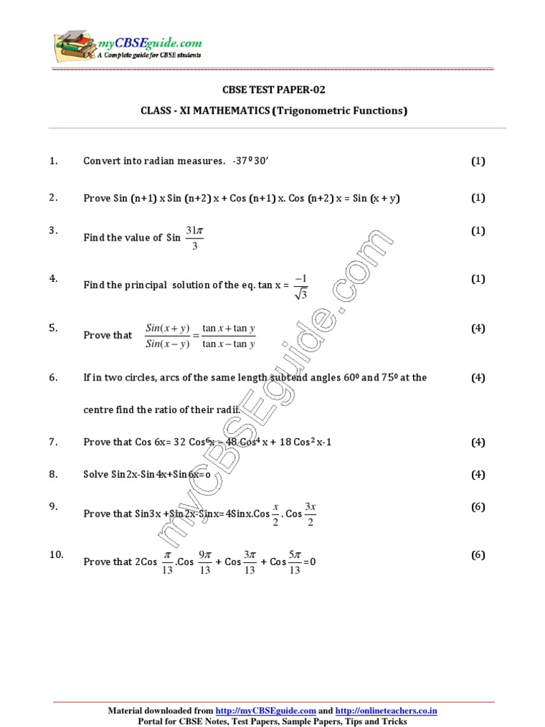 11 Mathematics Trigonometric Functions Test 02 | PDF