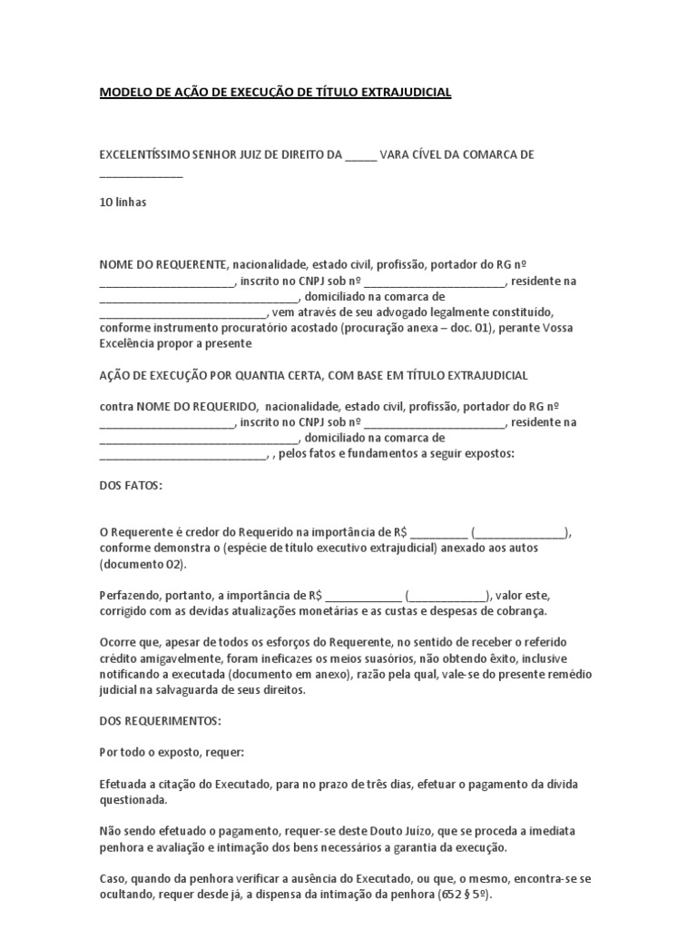Modelo de Ação de Execução de Título Extrajudicial PDF Sentença (jurídico) Hora extra