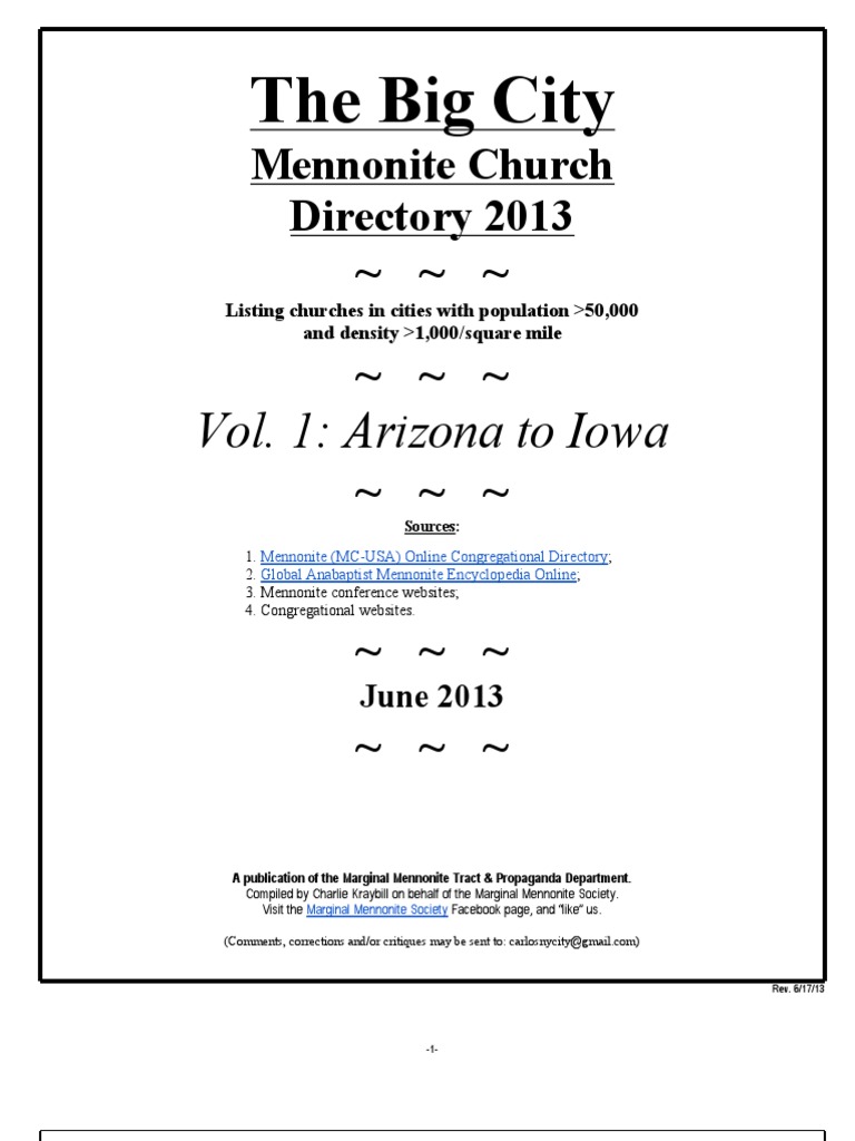 Big City Mennonite Church Directory 2013 Volume 1 (Arizona To Iowa