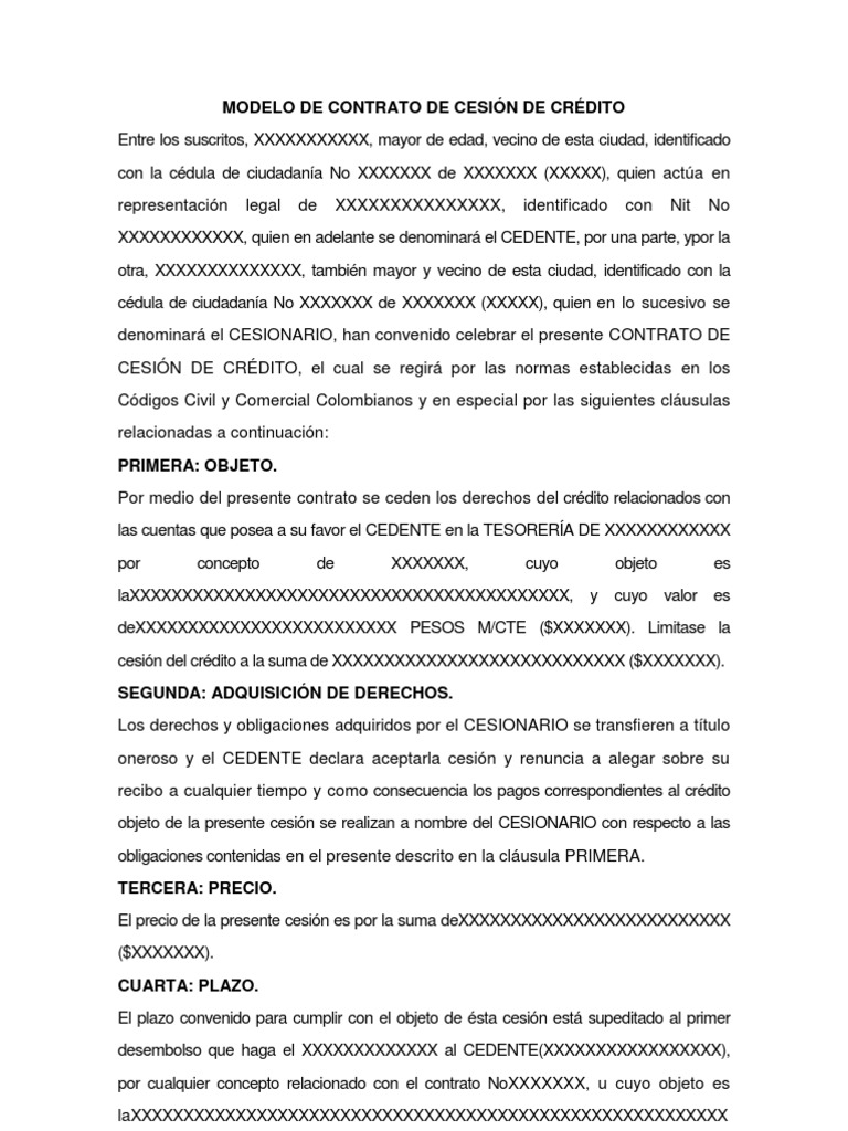 Modelo de Contrato de Cesión de Crédito | PDF | Asignación (Ley) | Derecho  empresarial