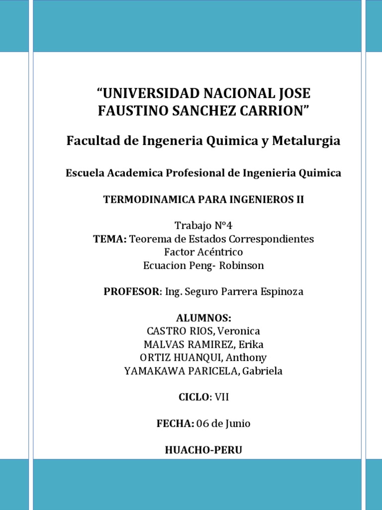Teorema de Los Estados Correspondientes, Factor ácentrico y Ecuación de Peng Robinson Gases