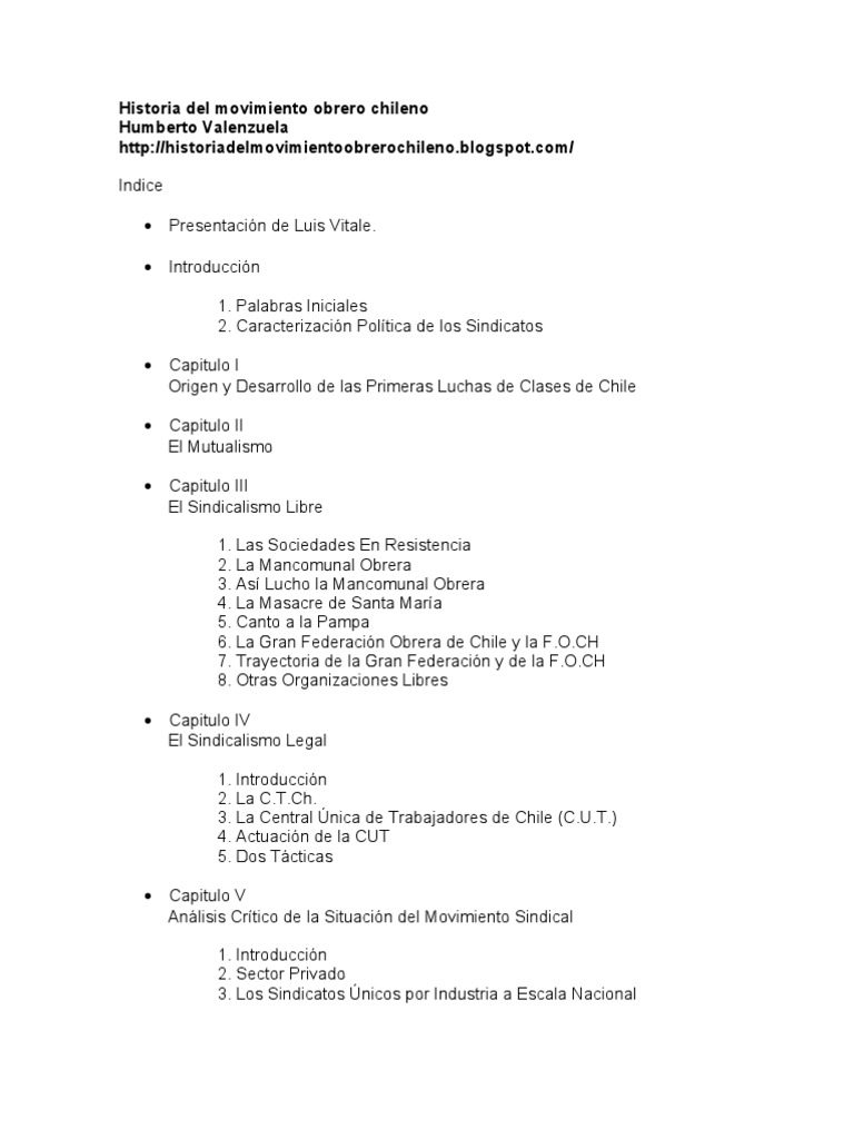 Historia Del Movimiento Obrero en Chile - Humberto Valenzuela