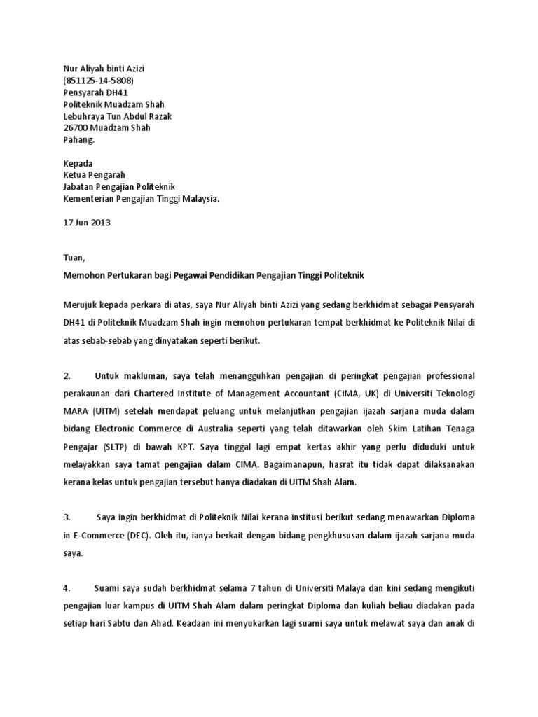 Contoh Surat Permohonan Pertukaran Pdf