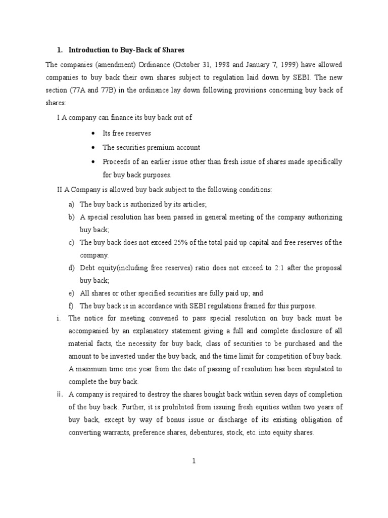BuyBack of Shares PDF Share Repurchase Stocks