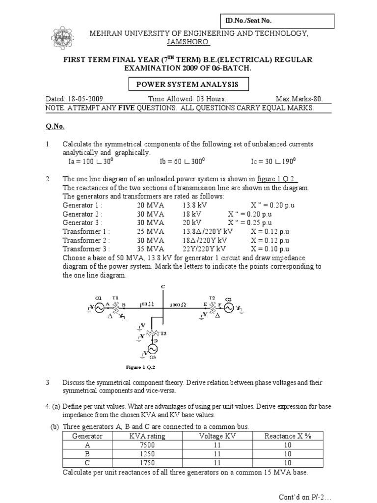 Final Year Power System Analysis Exam with Questions on Symmetrical ...