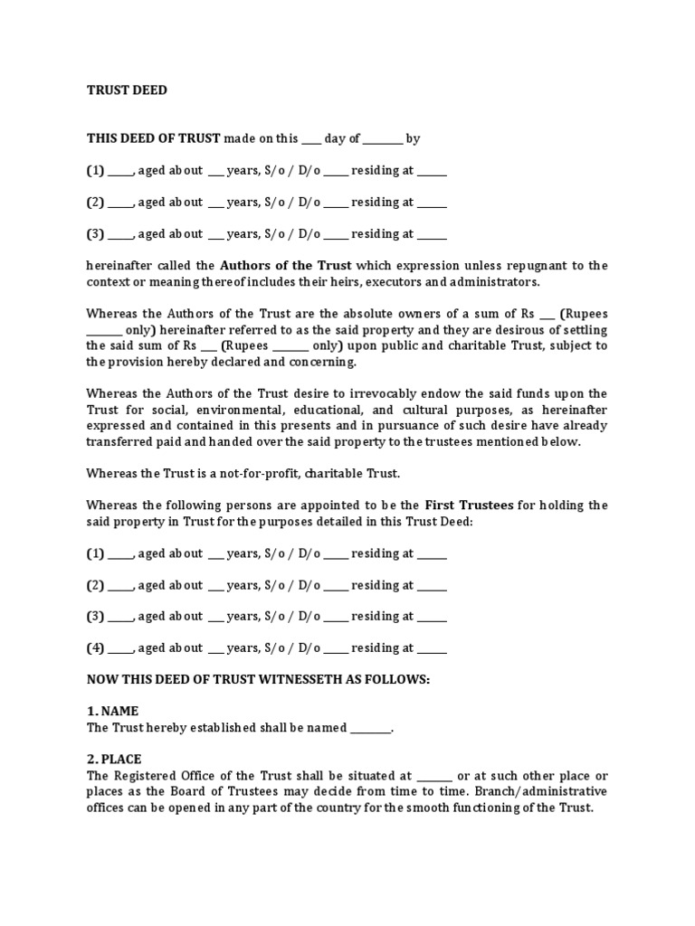 Charitable Trust Deed Template | PDF | Trust Law | Trustee